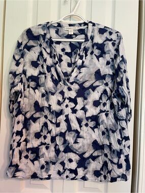 Coldwater Creek Navy and White Abstract V-Neck Tunic